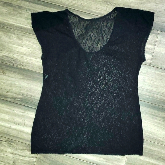 Womens Lace Mesh Black Rounded Neck Short Sleeve Sheer Top. - Picture 9 of 9